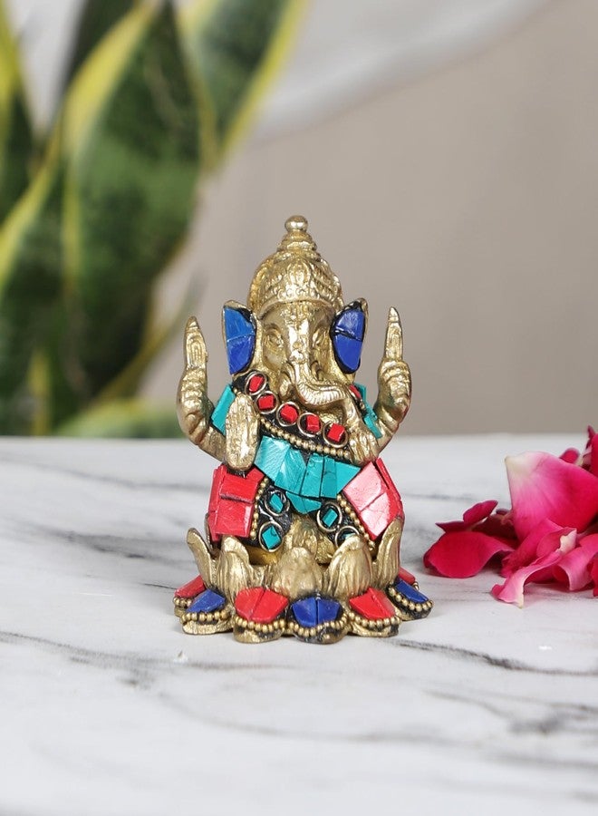 Two Moustaches Gemstone Work Brass Ganesha on Lotus Showpiece, Ganesha Idol for Home/Temple, Ganesha Idol for Pooja Room, Housewarming Gifts, Diwali Gifts, Standard, Pack of 1 - Image 4